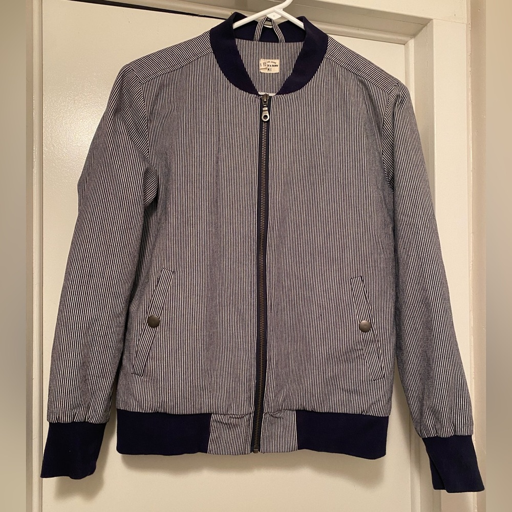 Bridge and Burn bomber jacket. Size small. Blue and white pinstripe.